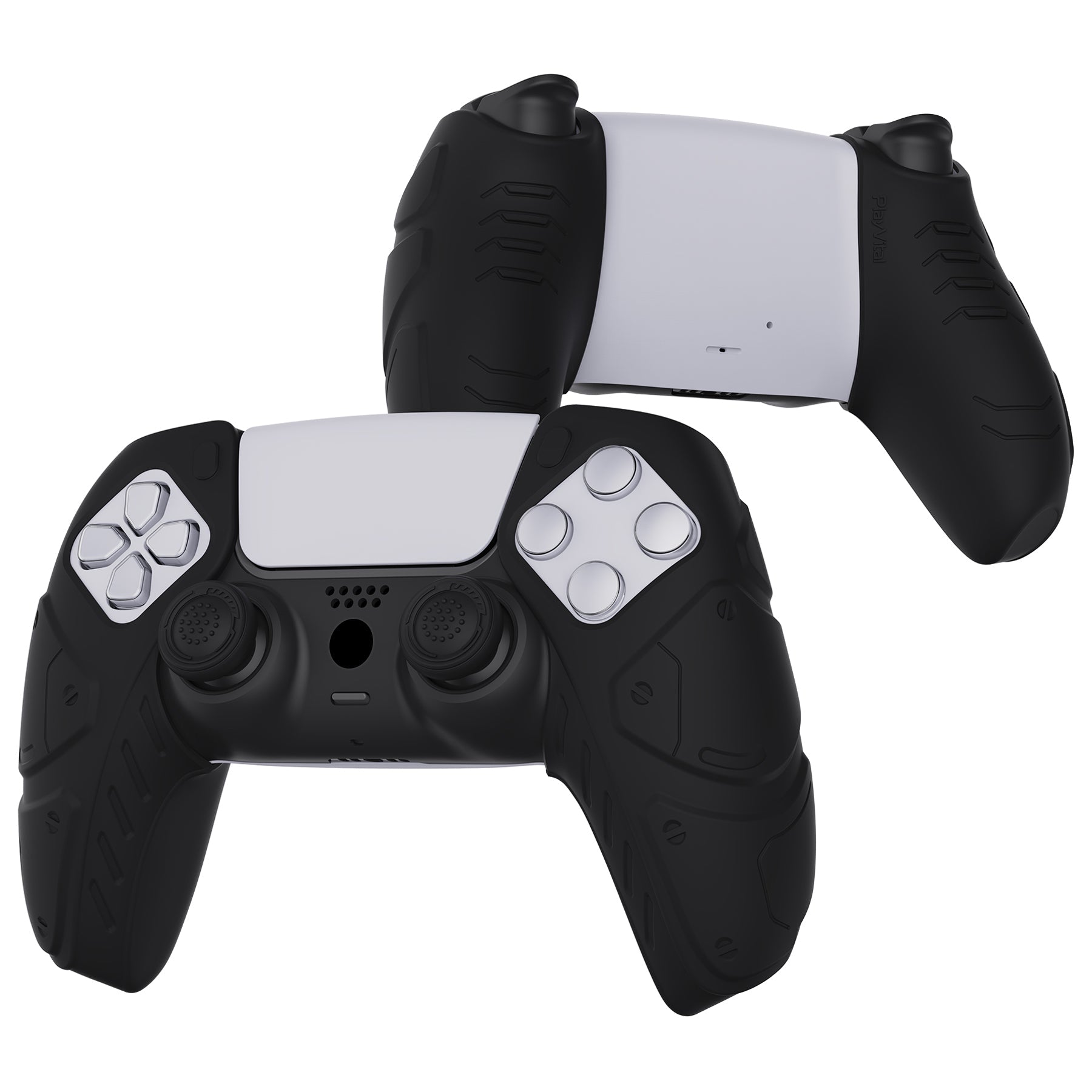 PlayVital Mecha Edition Anti-Slip Silicone Cover Skin with Thumb Grip Caps for PS5 Wireless Controller - Compatible with Charging Station - Black - JGPF001 PlayVital