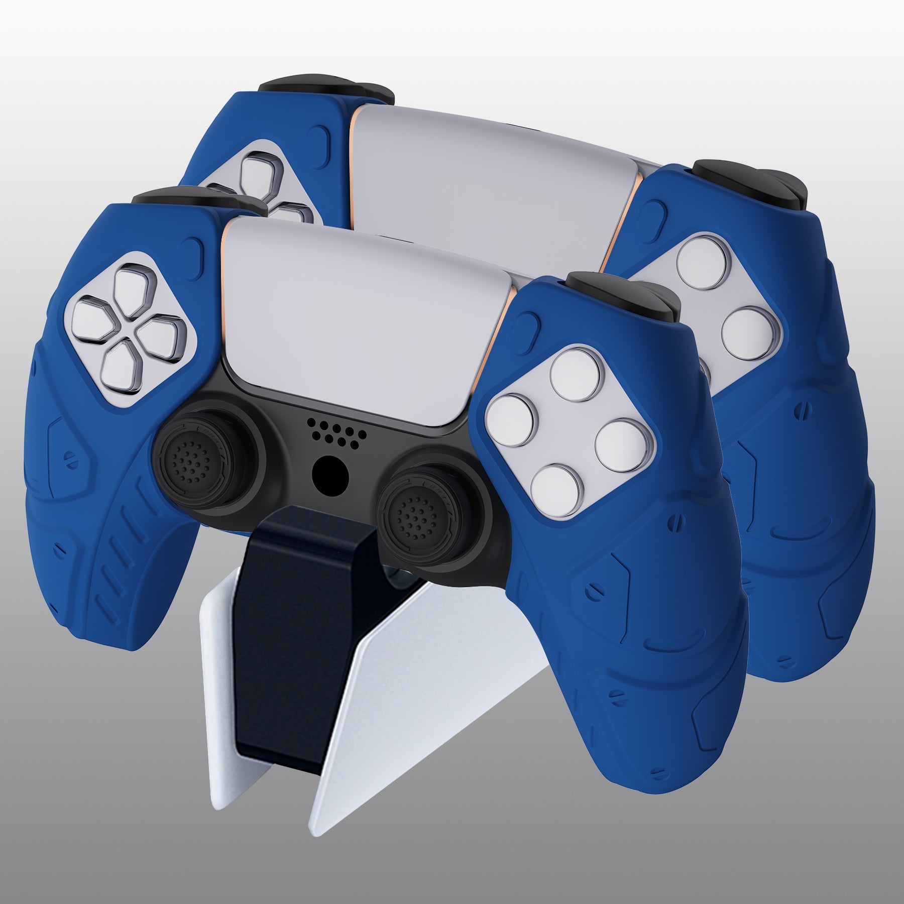 PlayVital Mecha Edition Anti-Slip Silicone Cover Skin with Thumb Grip Caps for PS5 Wireless Controller - Compatible with Charging Station - Blue - JGPF005 PlayVital