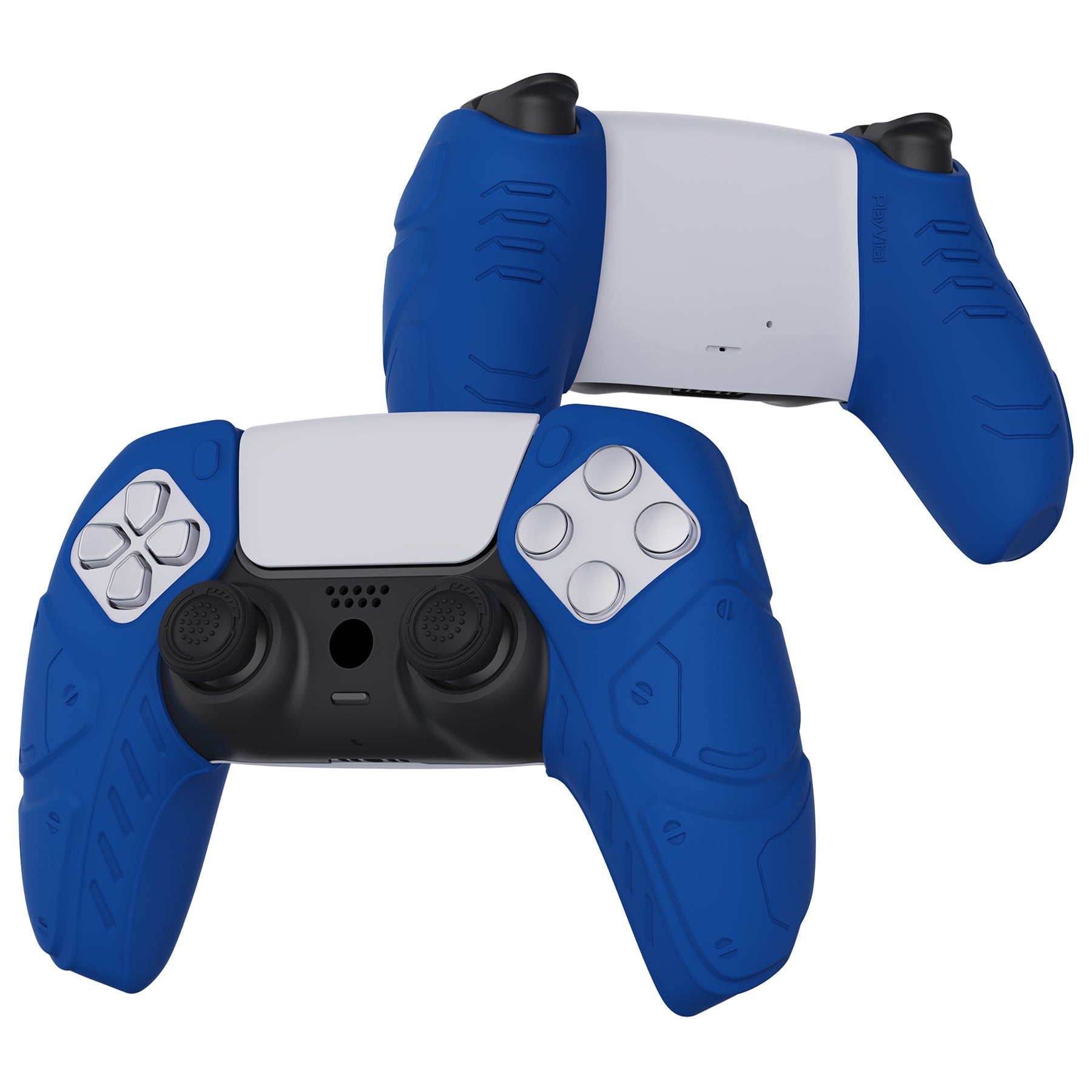 PlayVital Mecha Edition Anti-Slip Silicone Cover Skin with Thumb Grip Caps for PS5 Wireless Controller - Compatible with Charging Station - Blue - JGPF005 PlayVital