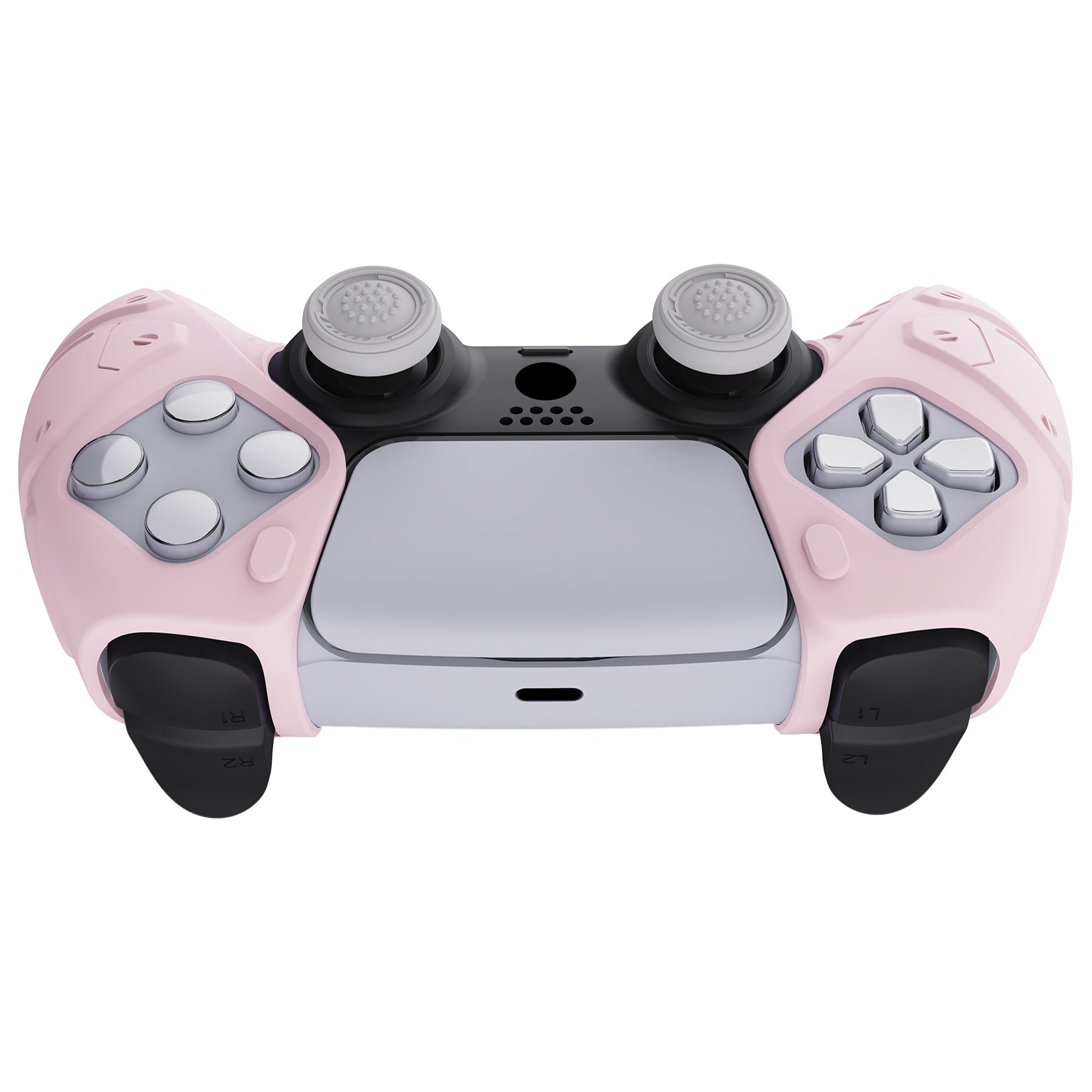 PlayVital Mecha Edition Anti-Slip Silicone Cover Skin with Thumb Grip Caps for PS5 Wireless Controller - Compatible with Charging Station - Cherry Blossoms Pink - JGPF007 PlayVital