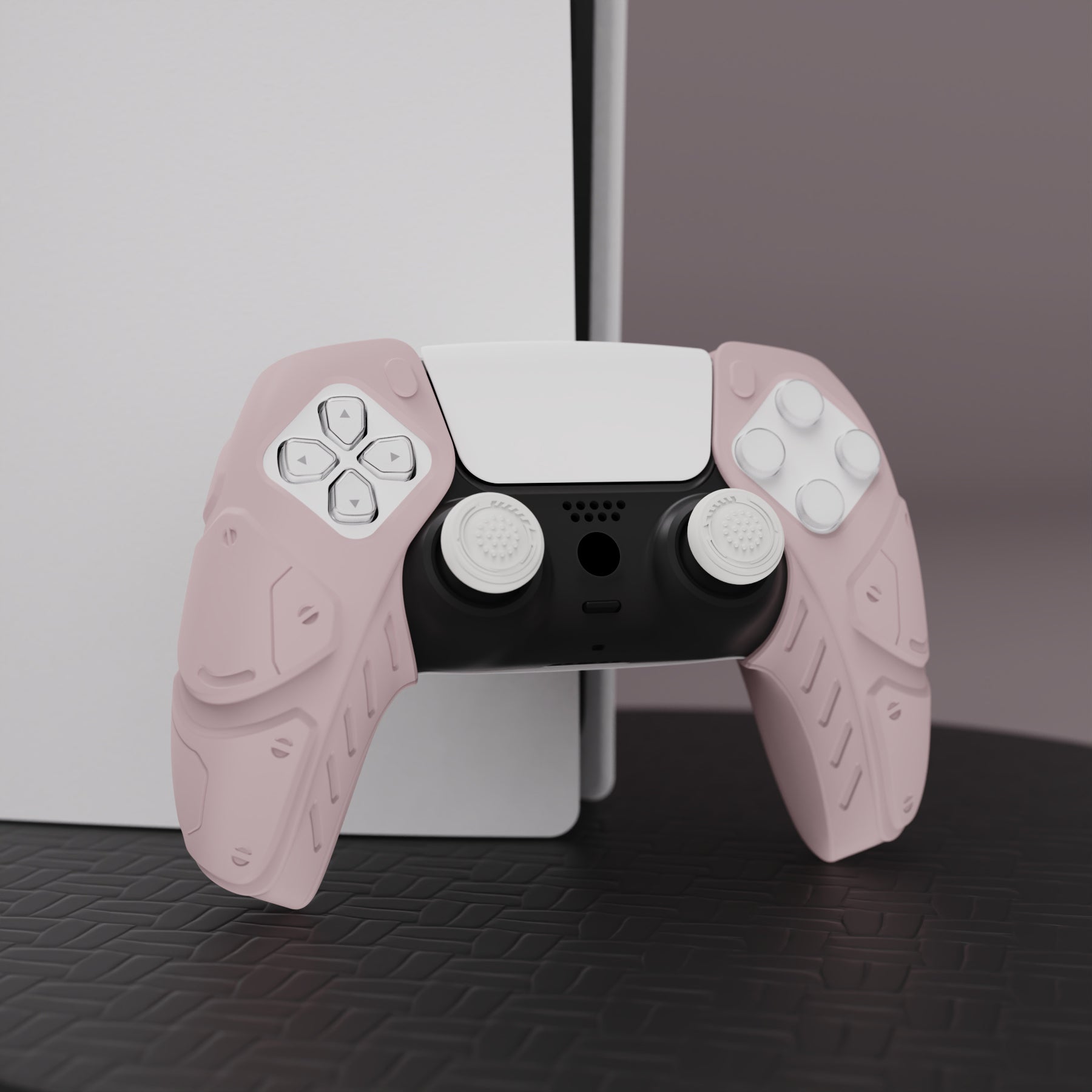 PlayVital Mecha Edition Anti-Slip Silicone Cover Skin with Thumb Grip Caps for PS5 Wireless Controller - Compatible with Charging Station - Cherry Blossoms Pink - JGPF007 PlayVital