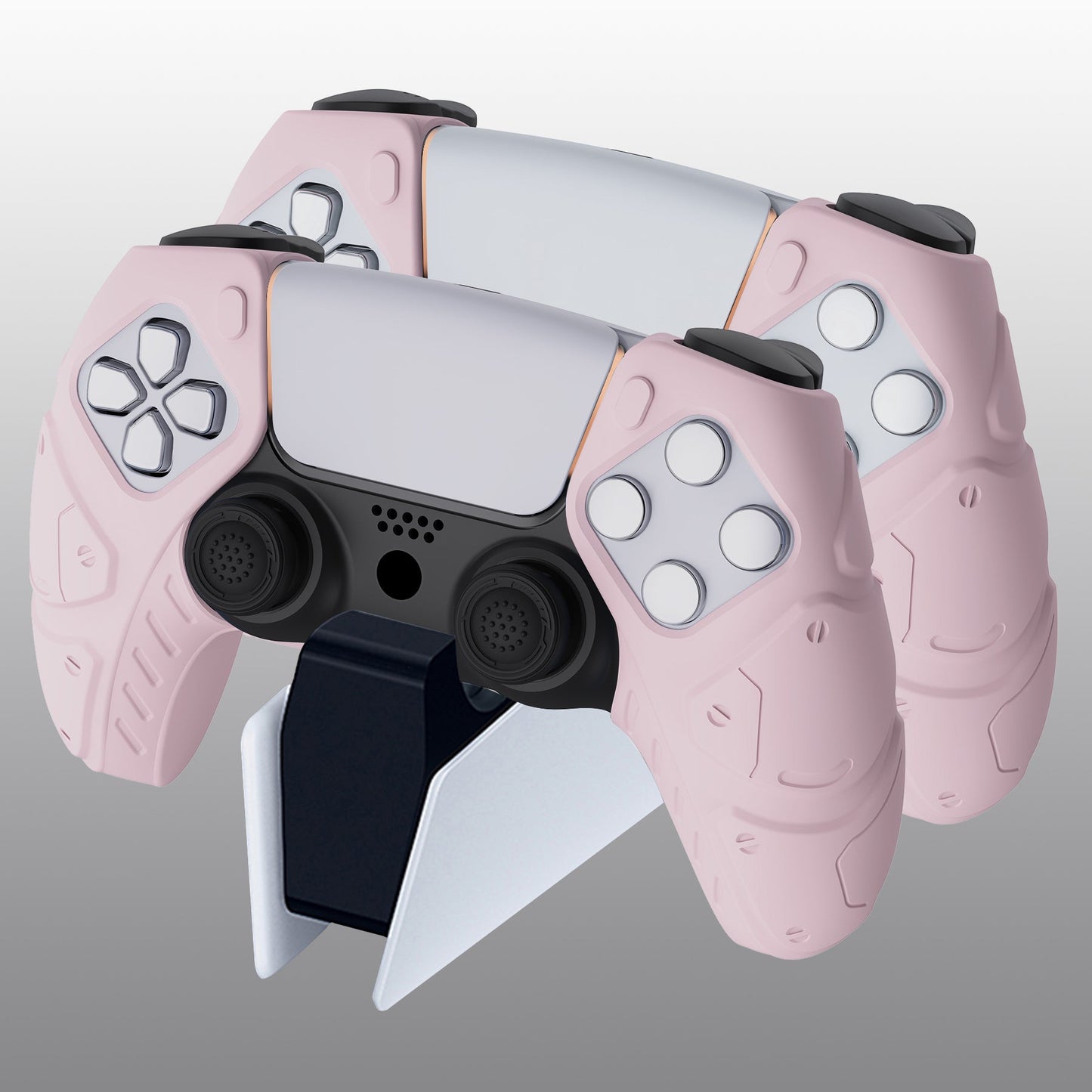 PlayVital Mecha Edition Anti-Slip Silicone Cover Skin with Thumb Grip Caps for PS5 Wireless Controller - Compatible with Charging Station - Cherry Blossoms Pink - JGPF007 PlayVital