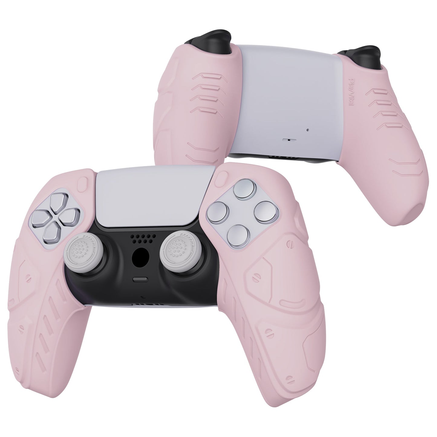 PlayVital Mecha Edition Anti-Slip Silicone Cover Skin with Thumb Grip Caps for PS5 Wireless Controller - Compatible with Charging Station - Cherry Blossoms Pink - JGPF007 PlayVital