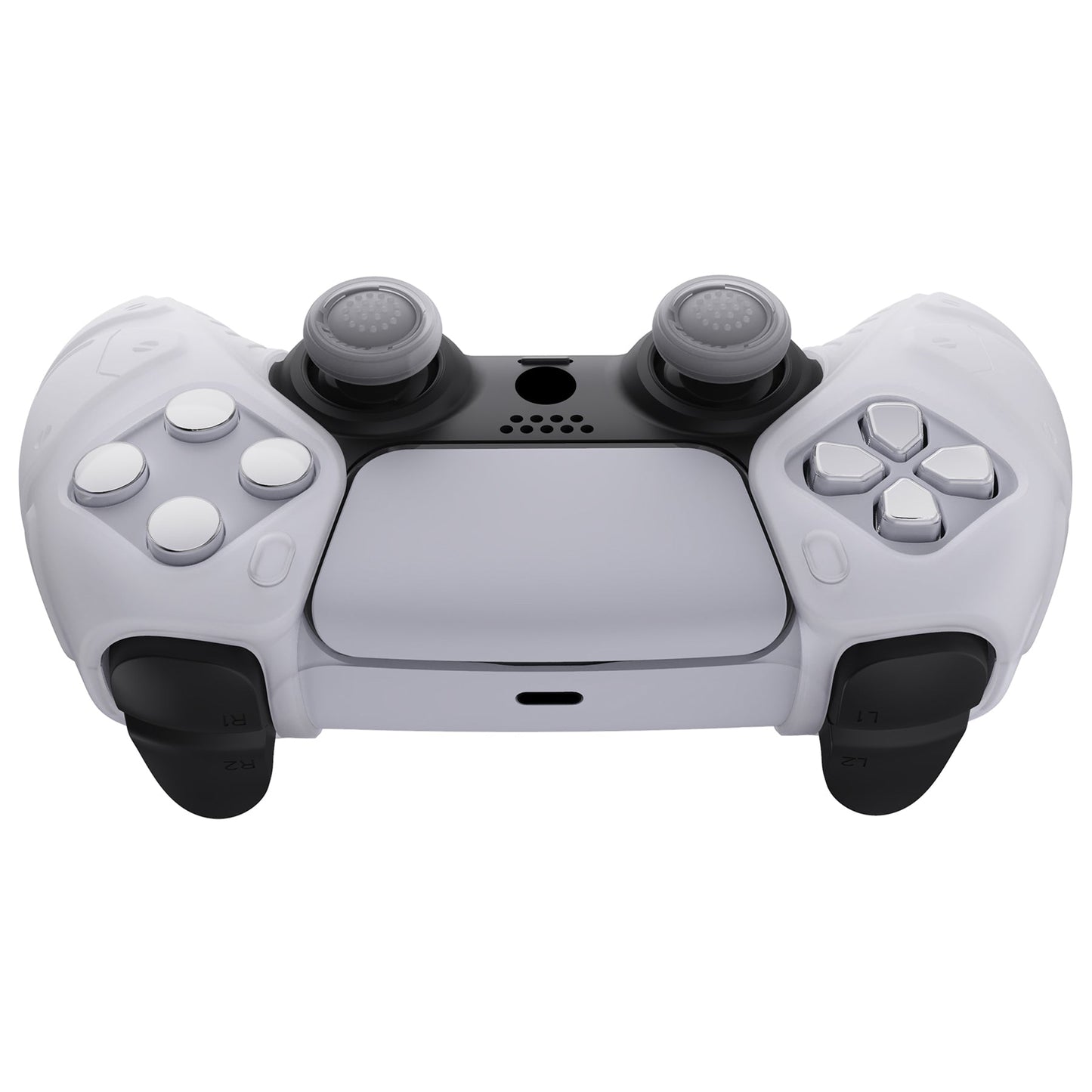 PlayVital Mecha Edition Anti-Slip Silicone Cover Skin with Thumb Grip Caps for PS5 Wireless Controller - Compatible with Charging Station - Clear White - JGPF010 PlayVital