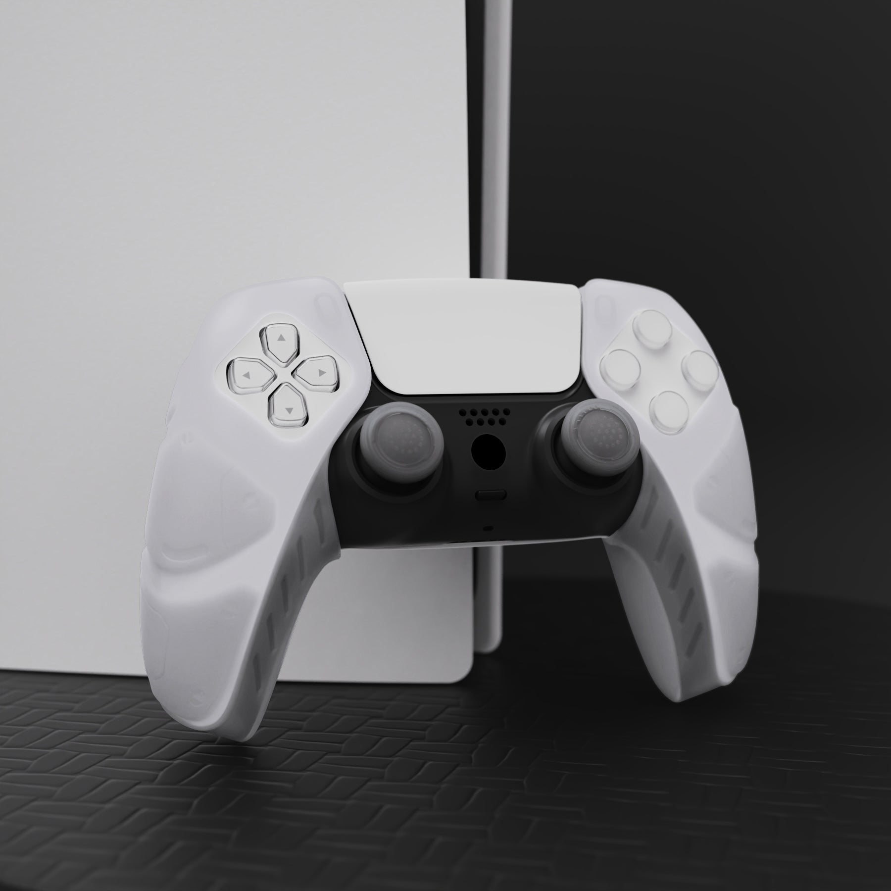 PlayVital Mecha Edition Anti-Slip Silicone Cover Skin with Thumb Grip Caps for PS5 Wireless Controller - Compatible with Charging Station - Clear White - JGPF010 PlayVital