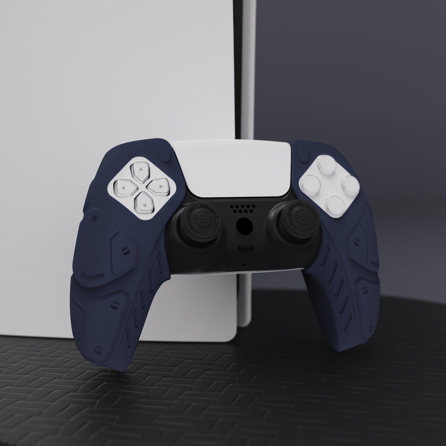 PlayVital Mecha Edition Anti-Slip Silicone Cover Skin with Thumb Grip Caps for PS5 Wireless Controller - Compatible with Charging Station - Midnight Blue - JGPF003 PlayVital