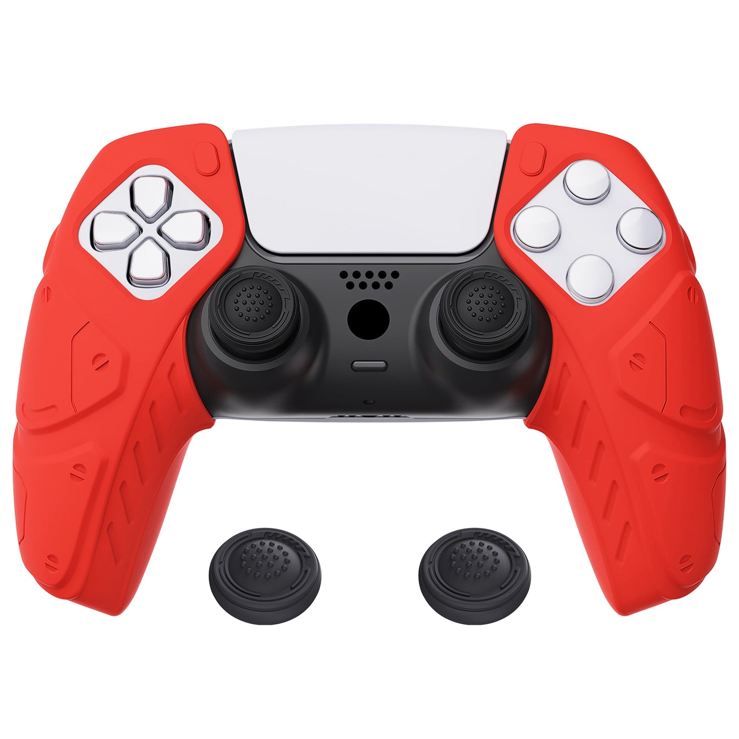 PlayVital Mecha Edition Anti-Slip Silicone Cover Skin with Thumb Grip Caps for PS5 Wireless Controller - Compatible with Charging Station - Passion Red - JGPF009 PlayVital