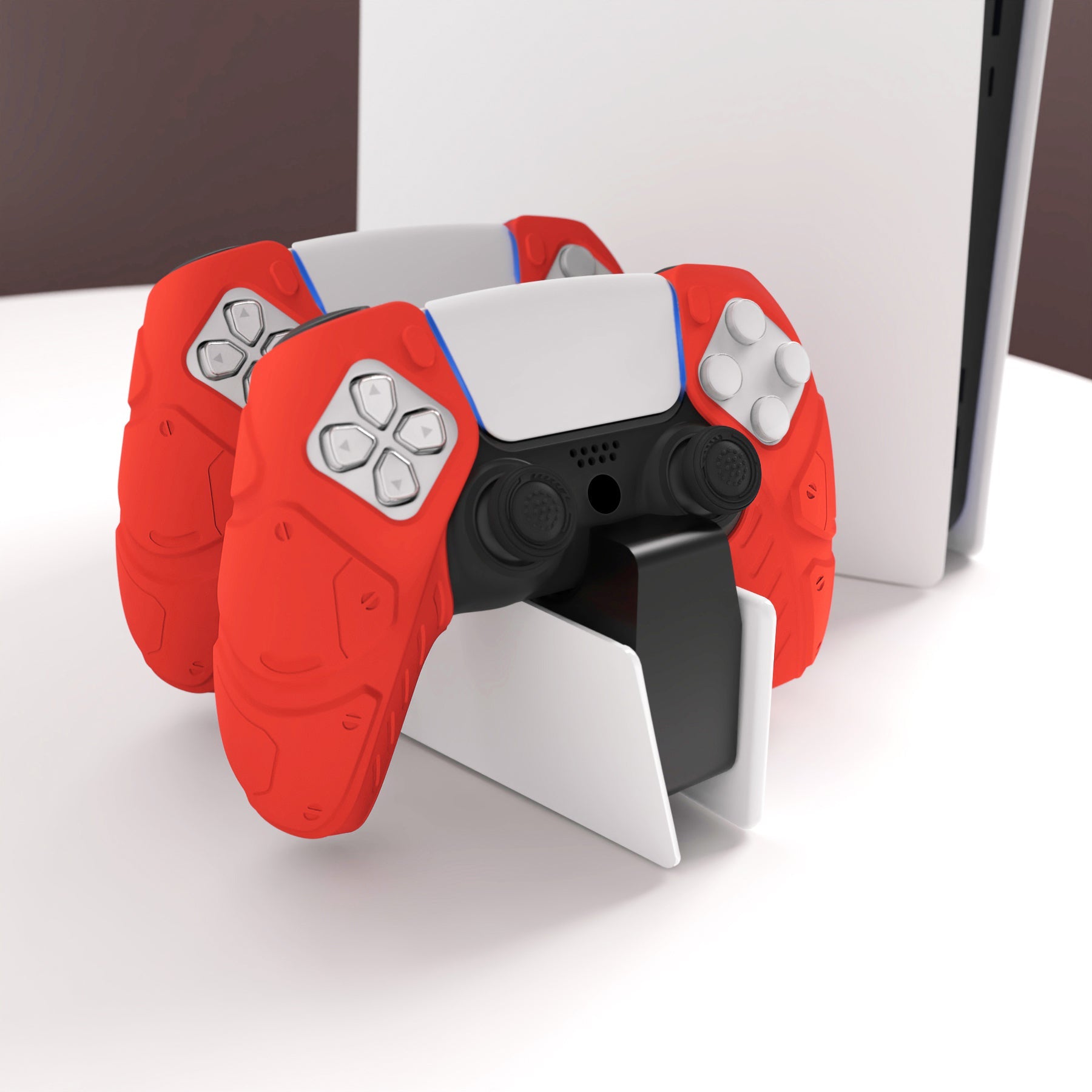 PlayVital Mecha Edition Anti-Slip Silicone Cover Skin with Thumb Grip Caps for PS5 Wireless Controller - Compatible with Charging Station - Passion Red - JGPF009 PlayVital