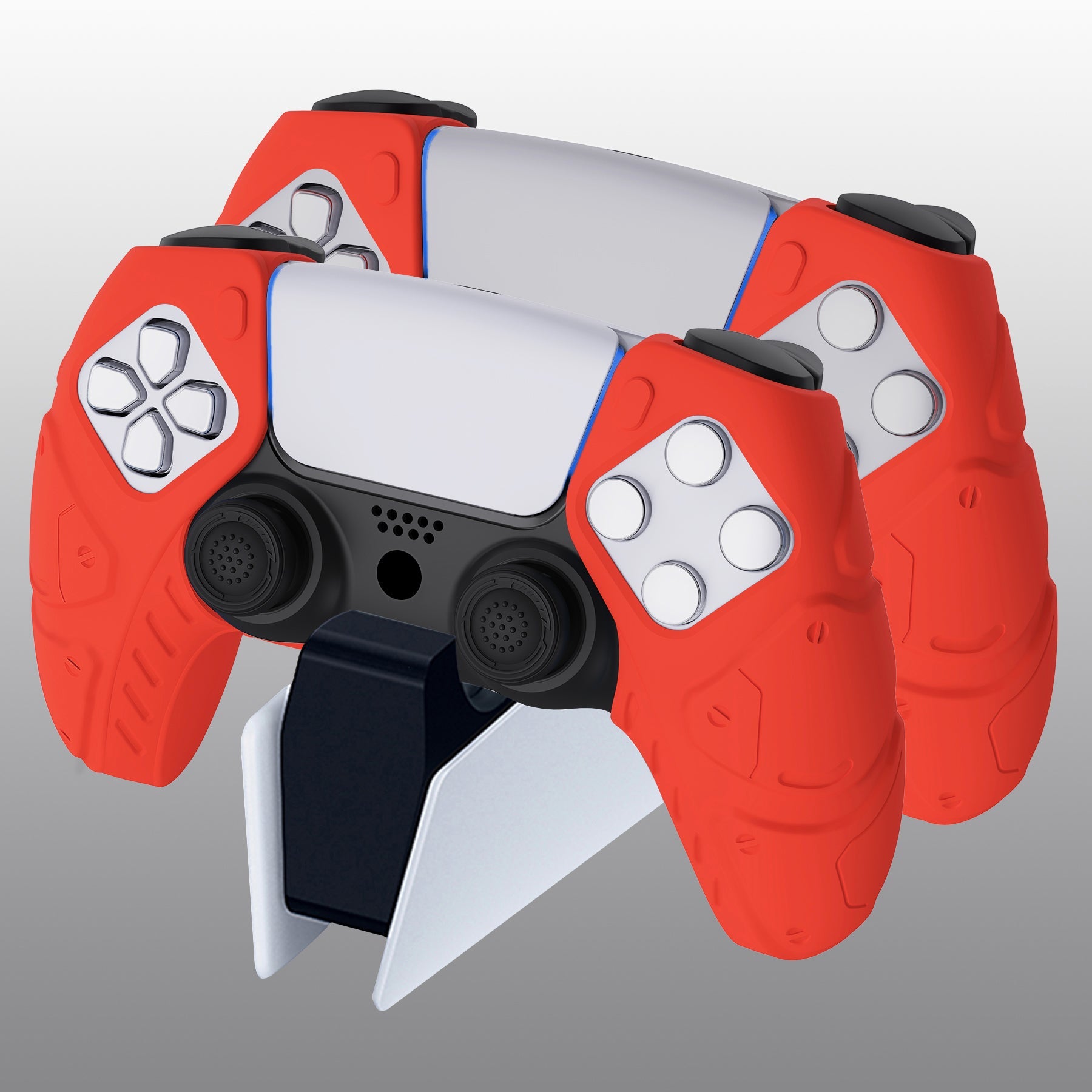 PlayVital Mecha Edition Anti-Slip Silicone Cover Skin with Thumb Grip Caps for PS5 Wireless Controller - Compatible with Charging Station - Passion Red - JGPF009 PlayVital