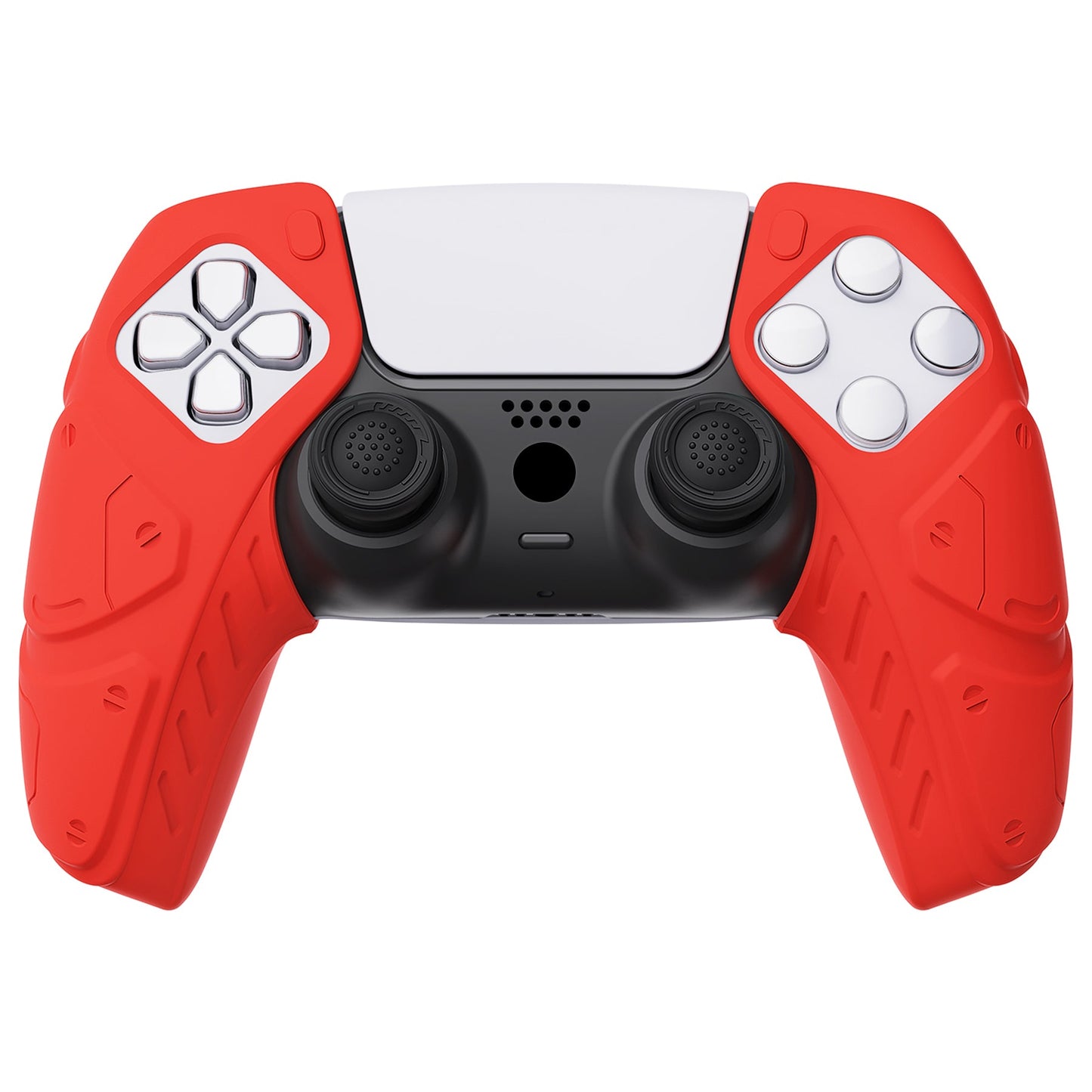 PlayVital Mecha Edition Anti-Slip Silicone Cover Skin with Thumb Grip Caps for PS5 Wireless Controller - Compatible with Charging Station - Passion Red - JGPF009 PlayVital