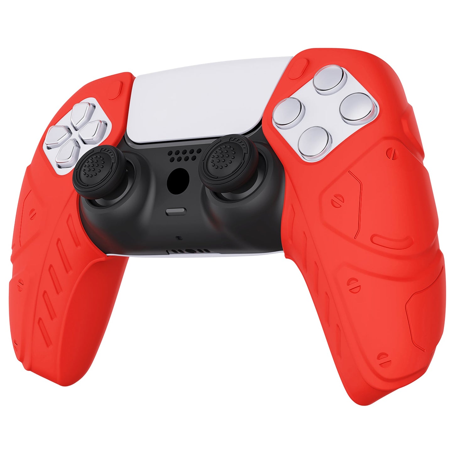 PlayVital Mecha Edition Anti-Slip Silicone Cover Skin with Thumb Grip Caps for PS5 Wireless Controller - Compatible with Charging Station - Passion Red - JGPF009 PlayVital