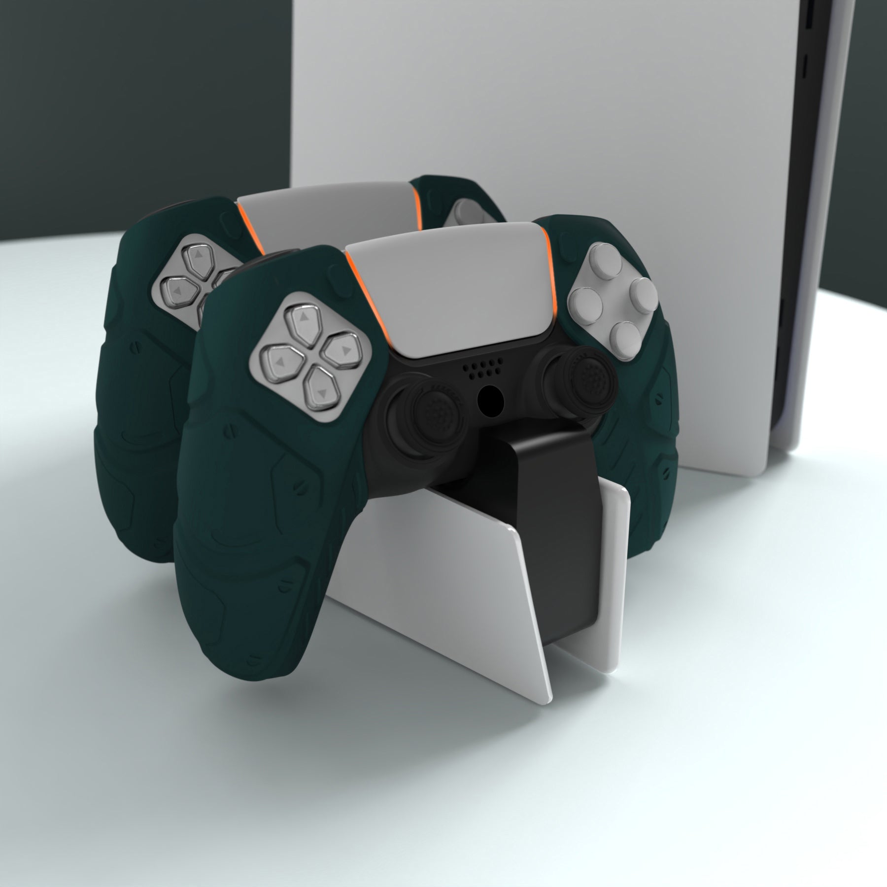 PlayVital Mecha Edition Anti-Slip Silicone Cover Skin with Thumb Grip Caps for PS5 Wireless Controller - Compatible with Charging Station -  Racing Green - JGPF004 PlayVital