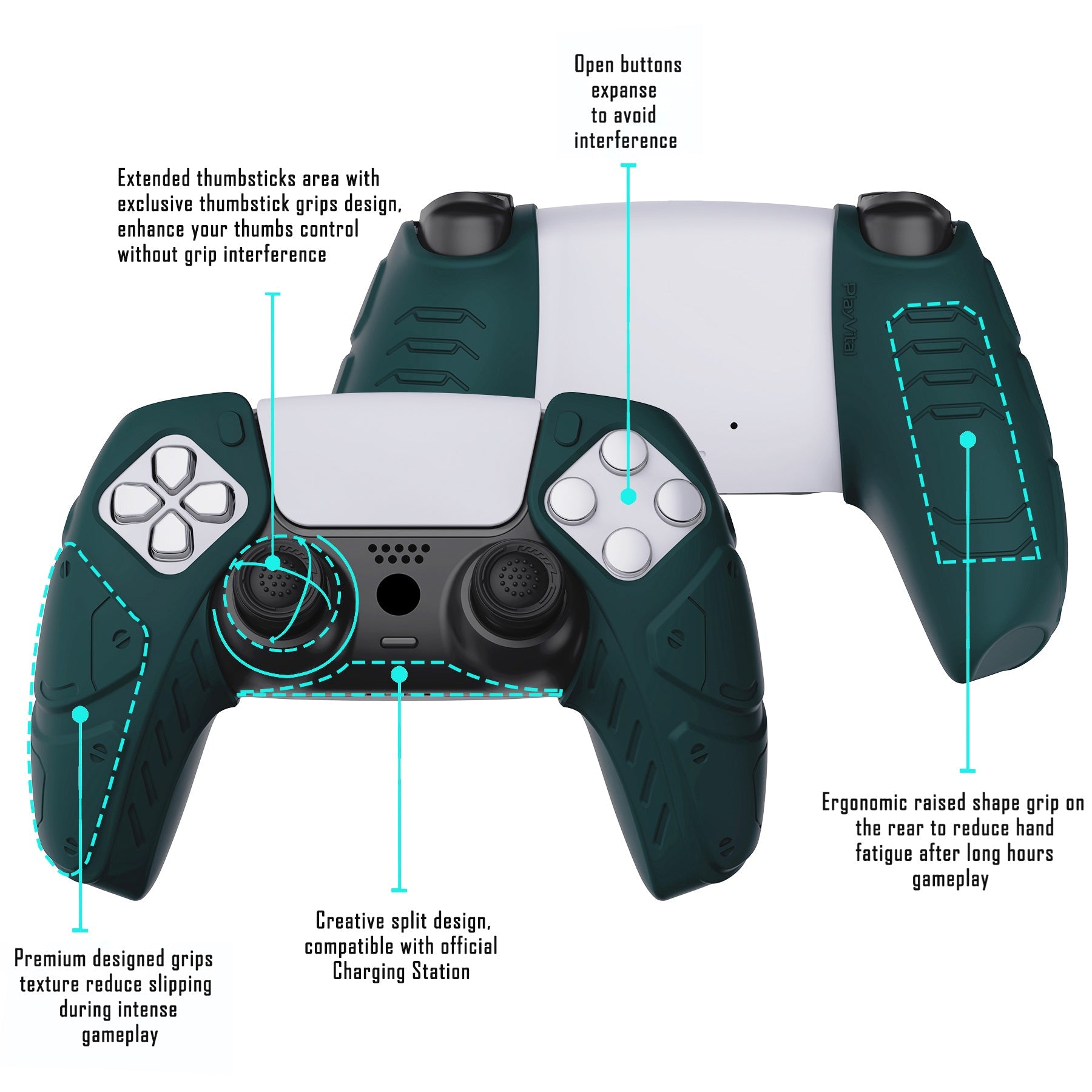 PlayVital Mecha Edition Anti-Slip Silicone Cover Skin with Thumb Grip Caps for PS5 Wireless Controller - Compatible with Charging Station -  Racing Green - JGPF004 PlayVital