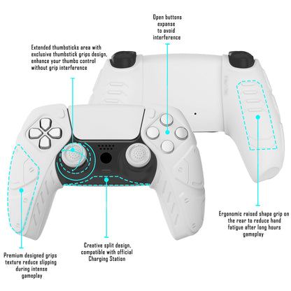 PlayVital Mecha Edition Anti-Slip Silicone Cover Skin with Thumb Grip Caps for PS5 Wireless Controller - Compatible with Charging Station - White - JGPF002 PlayVital