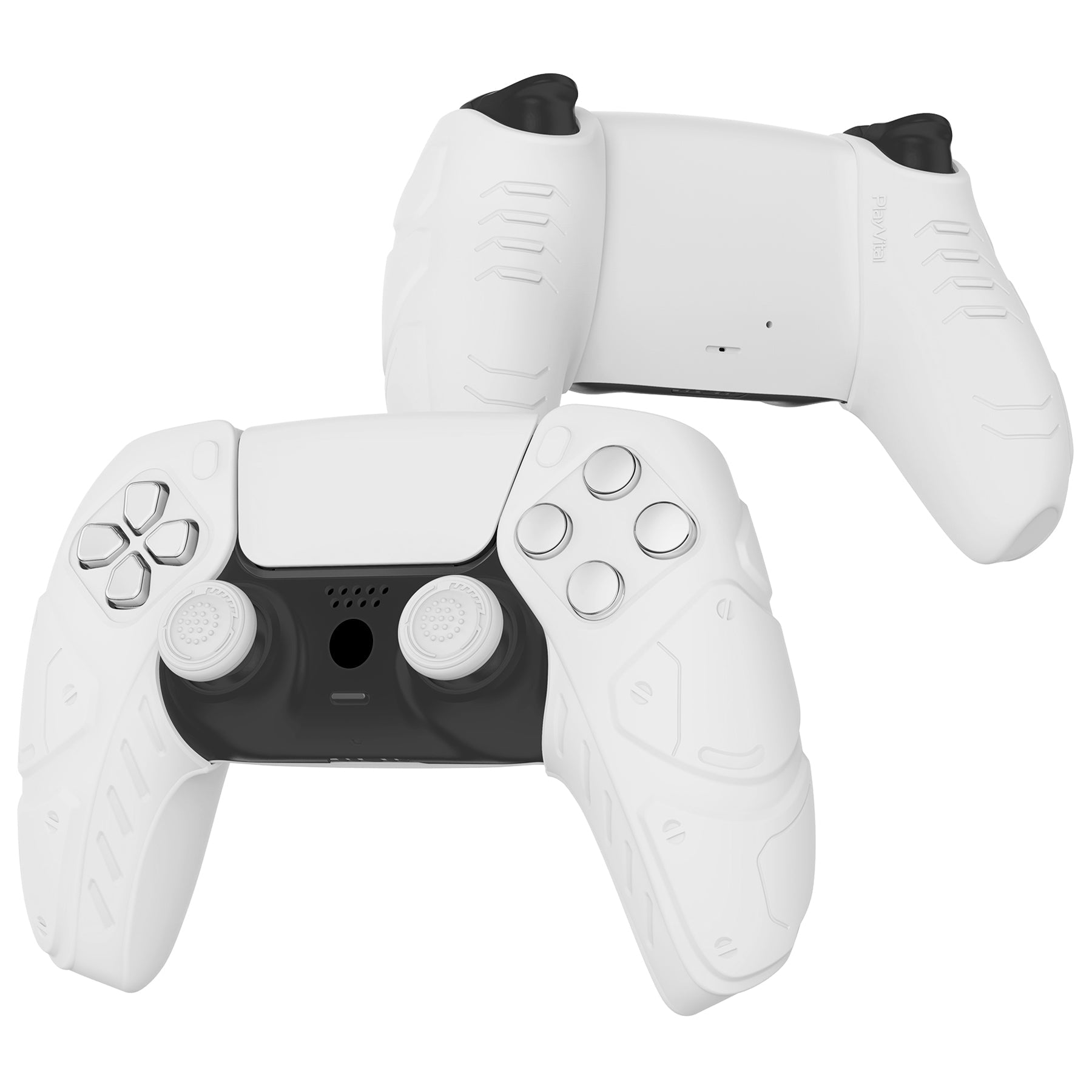 PlayVital Mecha Edition Anti-Slip Silicone Cover Skin with Thumb Grip Caps for PS5 Wireless Controller - Compatible with Charging Station - White - JGPF002 PlayVital