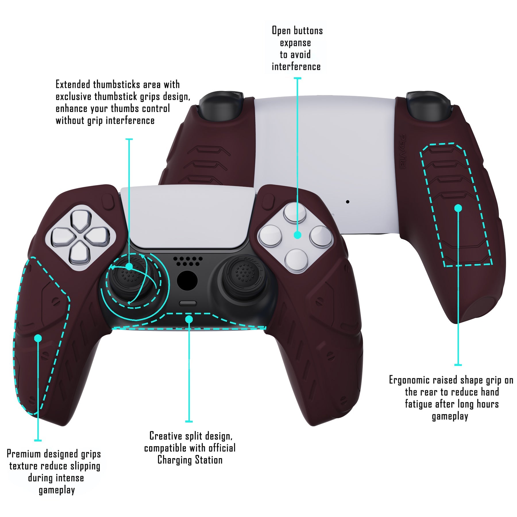 PlayVital Mecha Edition Anti-Slip Silicone Cover Skin with Thumb Grip Caps for PS5 Wireless Controller - Compatible with Charging Station - Wine Red - JGPF006 PlayVital