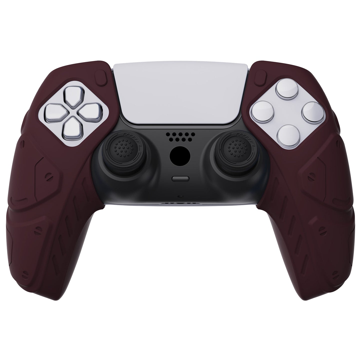 PlayVital Mecha Edition Anti-Slip Silicone Cover Skin with Thumb Grip Caps for PS5 Wireless Controller - Compatible with Charging Station - Wine Red - JGPF006 PlayVital