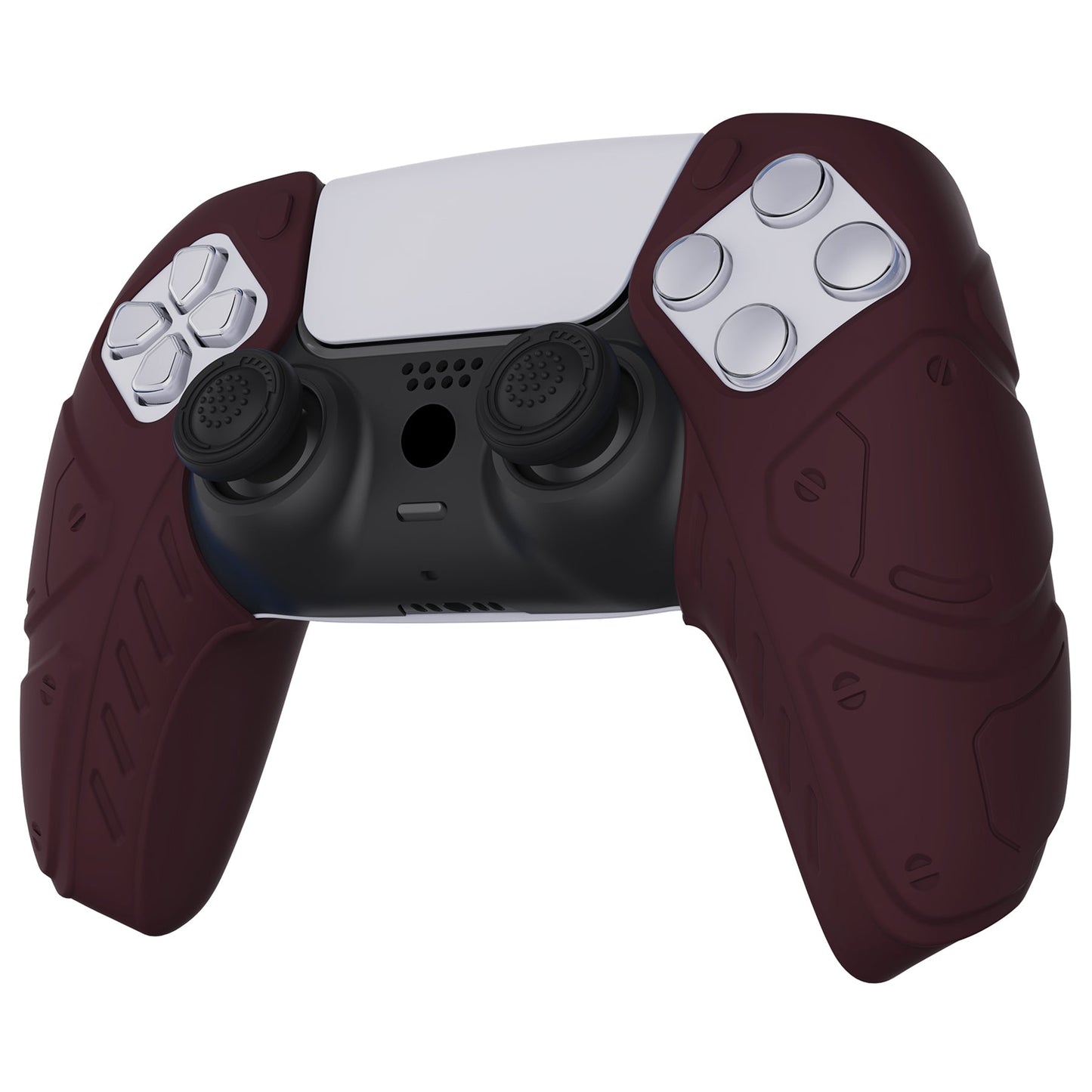 PlayVital Mecha Edition Anti-Slip Silicone Cover Skin with Thumb Grip Caps for PS5 Wireless Controller - Compatible with Charging Station - Wine Red - JGPF006 PlayVital