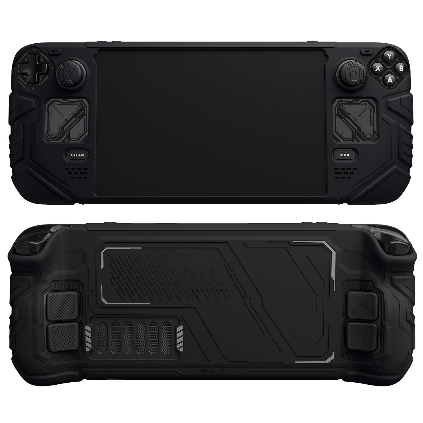 PlayVital Steam Deck OLED＆LCD 向け メカ風保護ケース バックボタン強化セット付 サムグリップ＆ステッカー付き【ブラック】