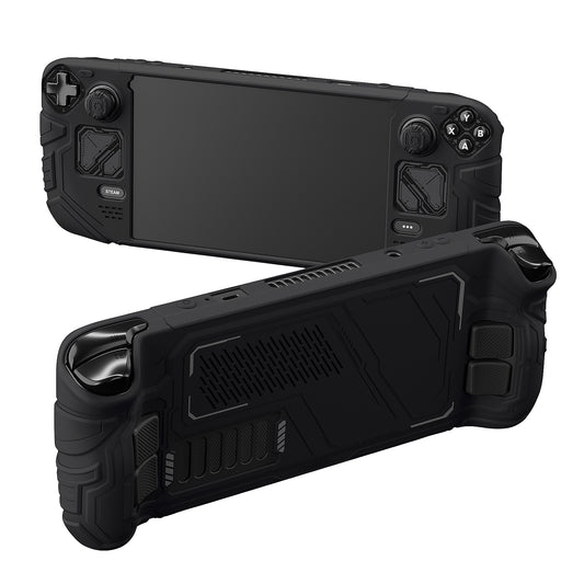 PlayVital Steam Deck OLED＆LCD 向け メカ風保護ケース バックボタン強化セット付 サムグリップ＆ステッカー付き【ブラック】