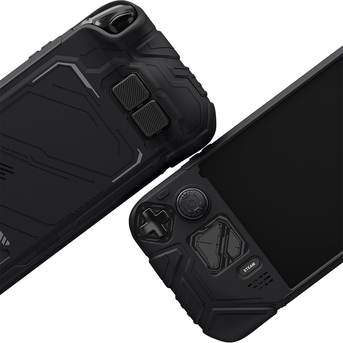 PlayVital Steam Deck OLED＆LCD 向け メカ風保護ケース バックボタン強化セット付 サムグリップ＆ステッカー付き【ブラック】