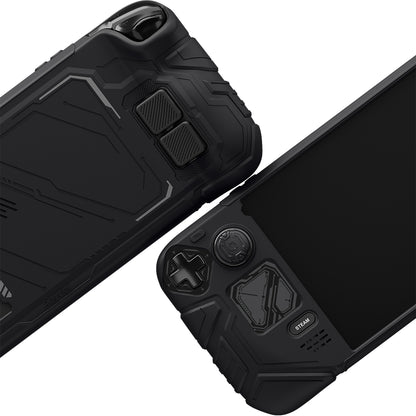 PlayVital Steam Deck OLED＆LCD 向け メカ風保護ケース バックボタン強化セット付 サムグリップ＆ステッカー付き【ブラック】