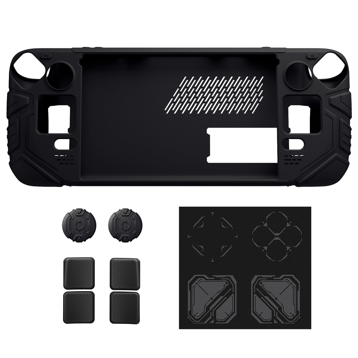 PlayVital Steam Deck OLED＆LCD 向け メカ風保護ケース バックボタン強化セット付 サムグリップ＆ステッカー付き【ブラック】