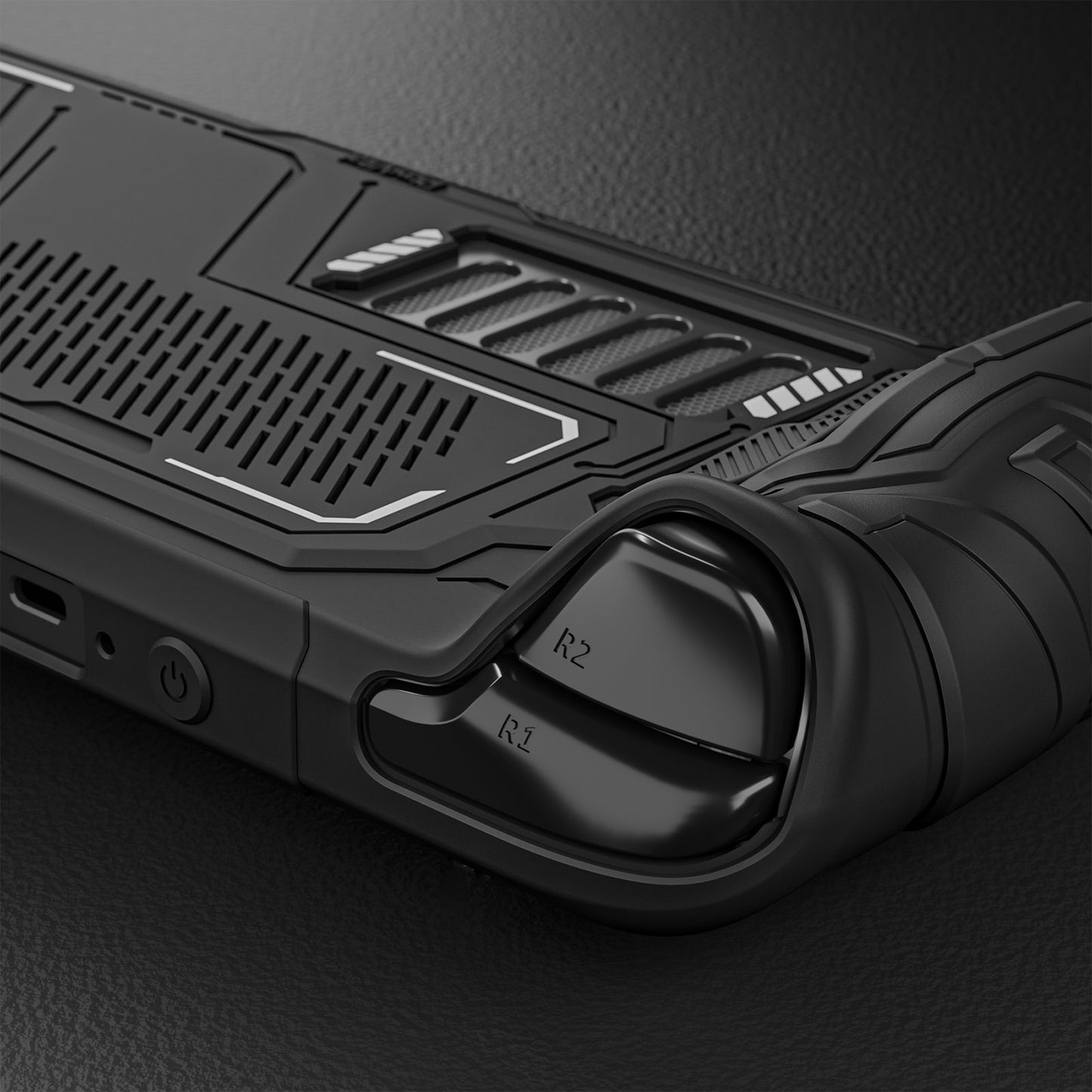 PlayVital Steam Deck OLED＆LCD 向け メカ風保護ケース バックボタン強化セット付 サムグリップ＆ステッカー付き【ブラック】