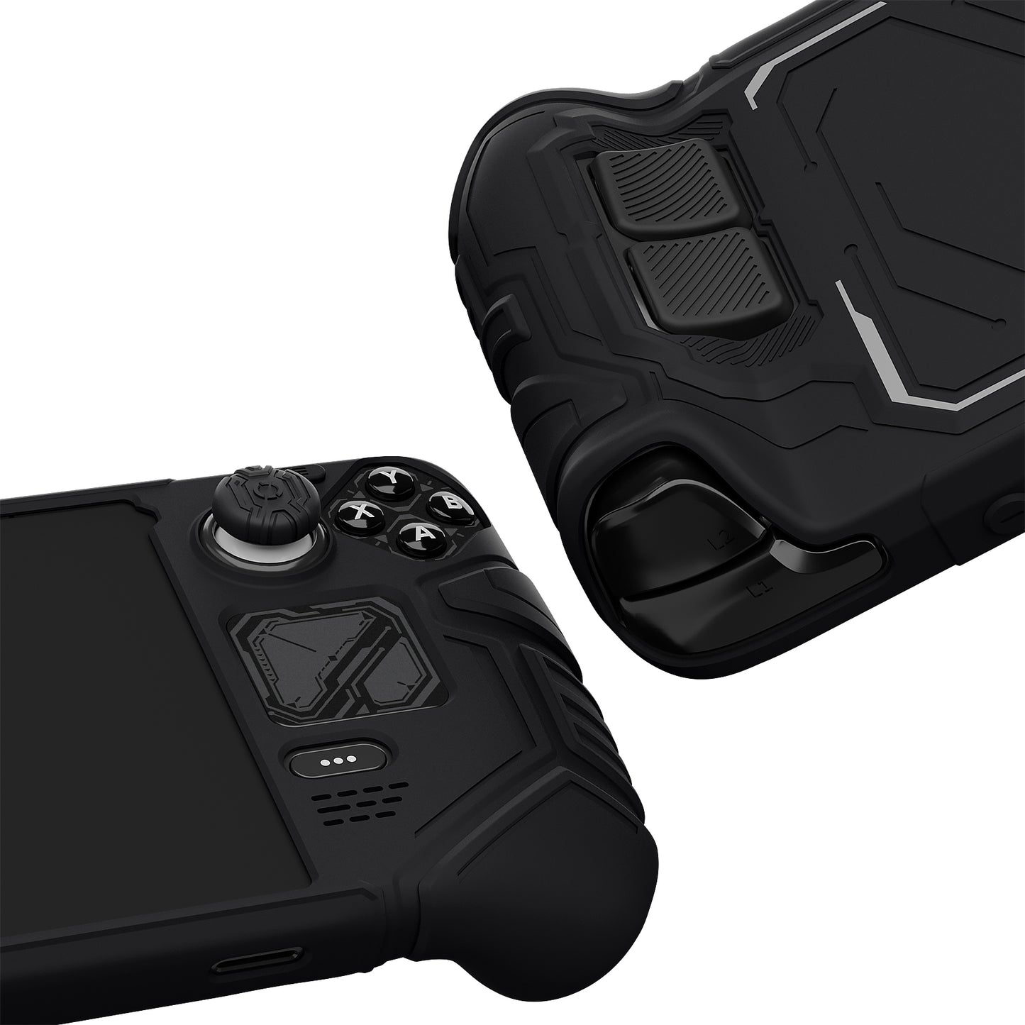 PlayVital Steam Deck OLED＆LCD 向け メカ風保護ケース バックボタン強化セット付 サムグリップ＆ステッカー付き【ブラック】