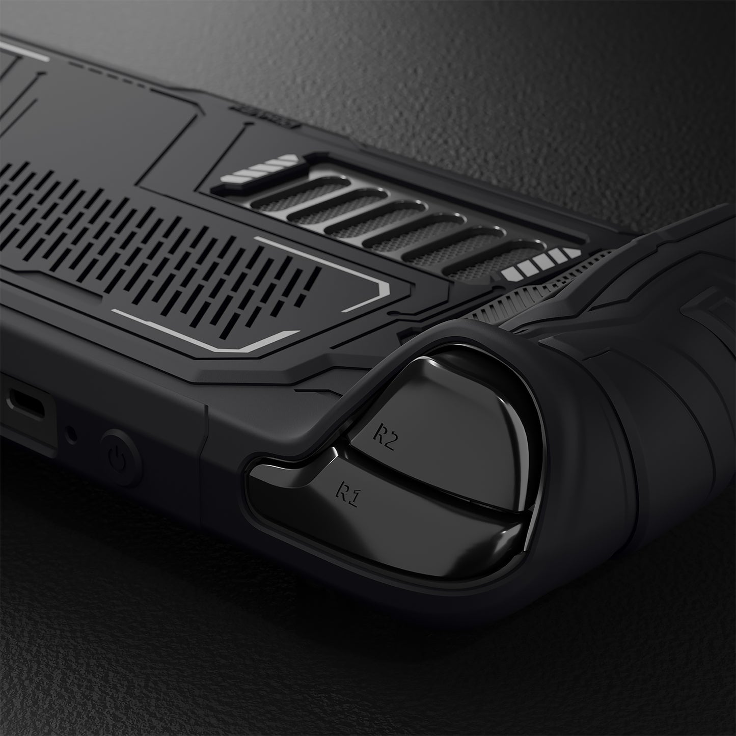 PlayVital Steam Deck OLED＆LCD 向け メカ風保護ケース バックボタン強化セット付 サムグリップ＆ステッカー付き【ブラック】