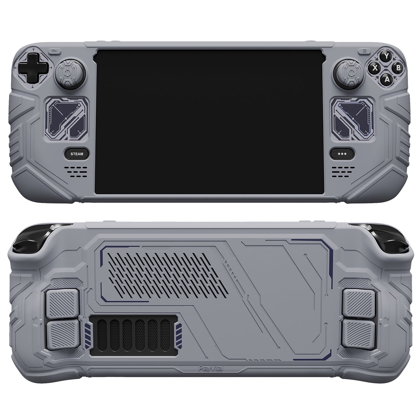 PlayVital Steam Deck OLED＆LCD 向け メカ風保護ケース バックボタン強化セット付 サムグリップ＆ステッカー付き【グレー】