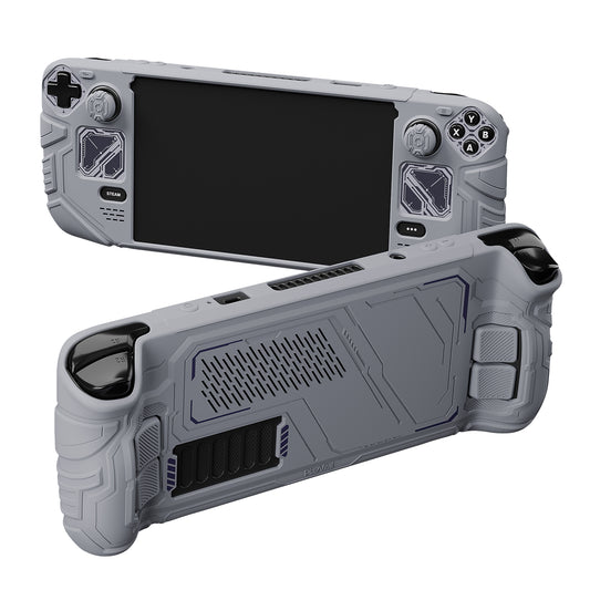 PlayVital Steam Deck OLED＆LCD 向け メカ風保護ケース バックボタン強化セット付 サムグリップ＆ステッカー付き【グレー】
