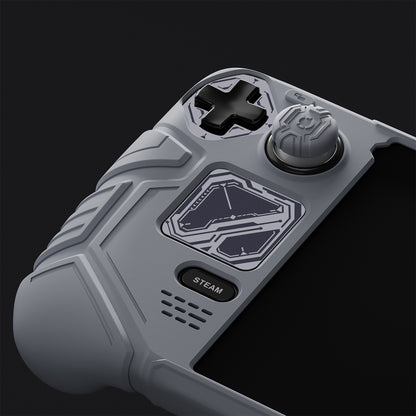 PlayVital Steam Deck OLED＆LCD 向け メカ風保護ケース バックボタン強化セット付 サムグリップ＆ステッカー付き【グレー】