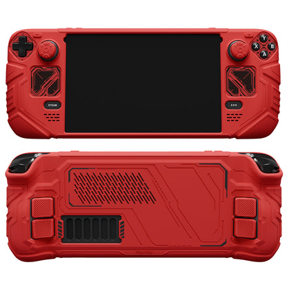 PlayVital Steam Deck OLED＆LCD 向け メカ風保護ケース バックボタン強化セット付 サムグリップ＆ステッカー付き【レッド】