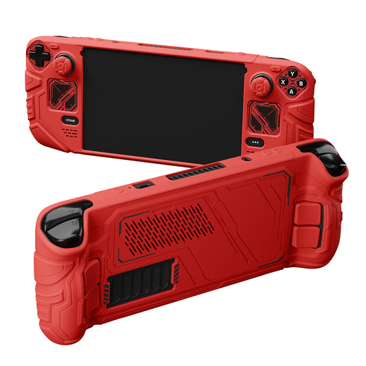 PlayVital Steam Deck OLED＆LCD 向け メカ風保護ケース バックボタン強化セット付 サムグリップ＆ステッカー付き【レッド】