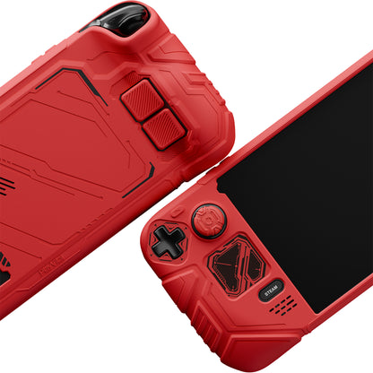 PlayVital Steam Deck OLED＆LCD 向け メカ風保護ケース バックボタン強化セット付 サムグリップ＆ステッカー付き【レッド】
