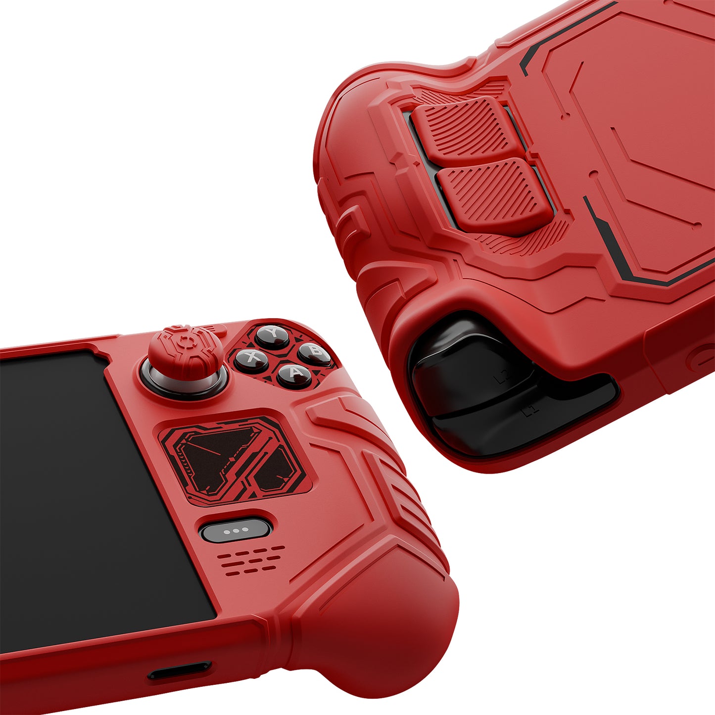 PlayVital Steam Deck OLED＆LCD 向け メカ風保護ケース バックボタン強化セット付 サムグリップ＆ステッカー付き【レッド】