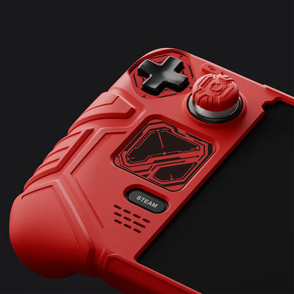 PlayVital Steam Deck OLED＆LCD 向け メカ風保護ケース バックボタン強化セット付 サムグリップ＆ステッカー付き【レッド】