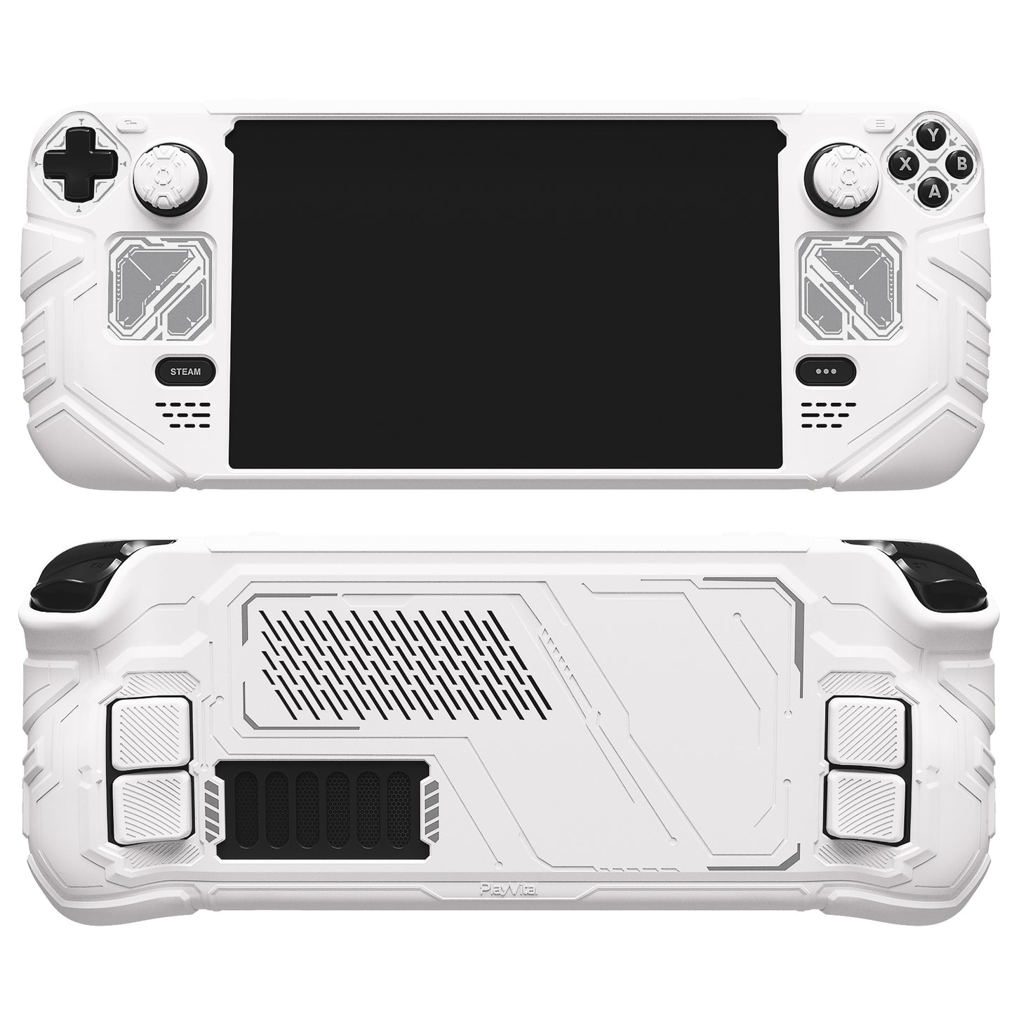 PlayVital Steam Deck OLED＆LCD 向け メカ風保護ケース バックボタン強化セット付 サムグリップ＆ステッカー付き【ホワイト】