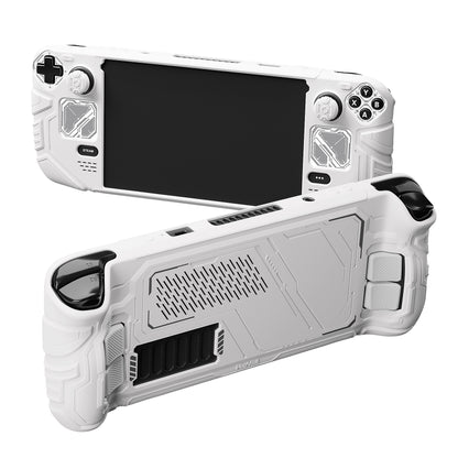 PlayVital Steam Deck OLED＆LCD 向け メカ風保護ケース バックボタン強化セット付 サムグリップ＆ステッカー付き【ホワイト】