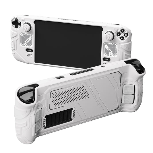 PlayVital Steam Deck OLED＆LCD 向け メカ風保護ケース バックボタン強化セット付 サムグリップ＆ステッカー付き【ホワイト】