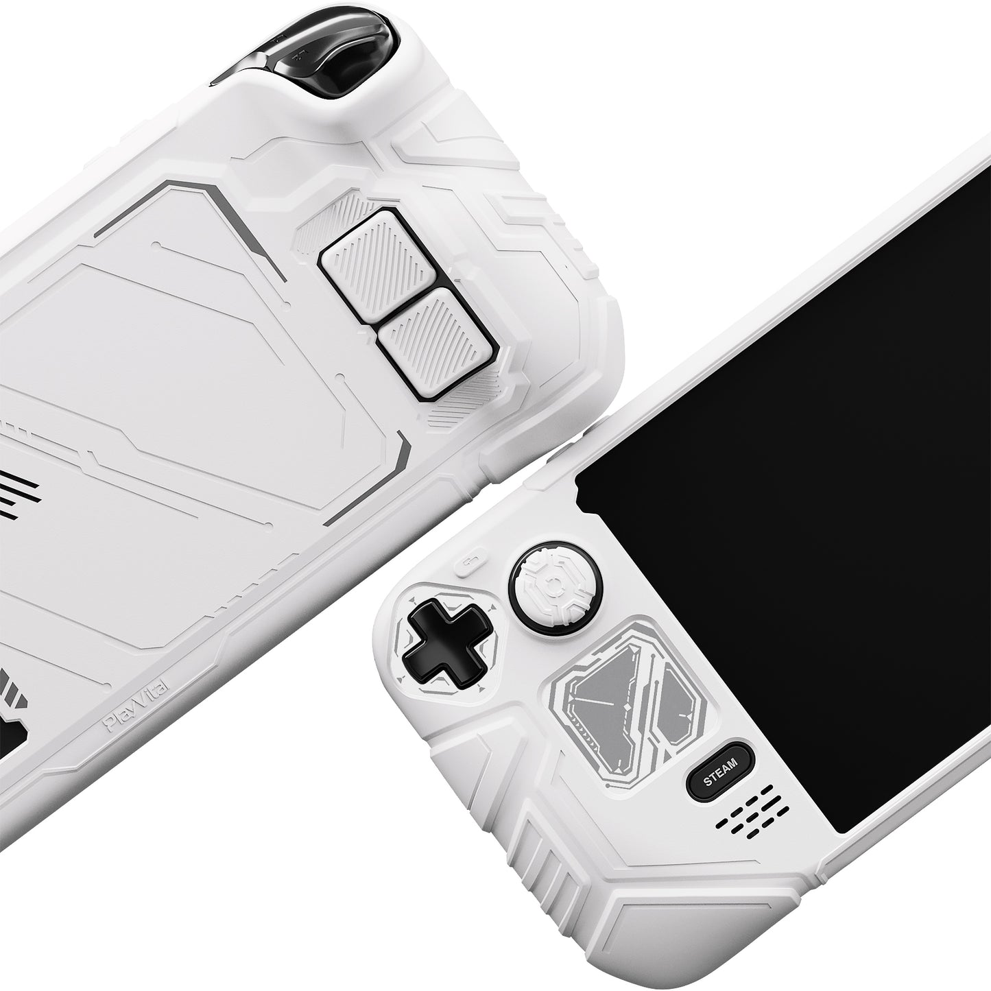 PlayVital Steam Deck OLED＆LCD 向け メカ風保護ケース バックボタン強化セット付 サムグリップ＆ステッカー付き【ホワイト】