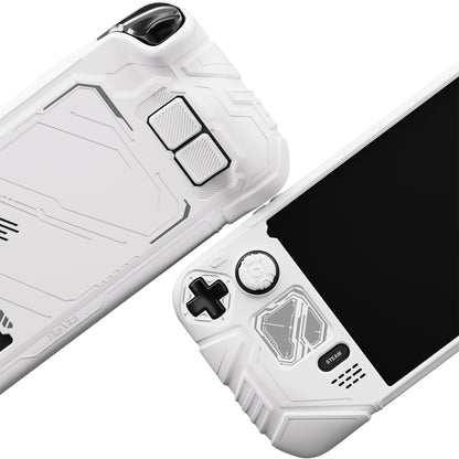 PlayVital Steam Deck OLED＆LCD 向け メカ風保護ケース バックボタン強化セット付 サムグリップ＆ステッカー付き【ホワイト】