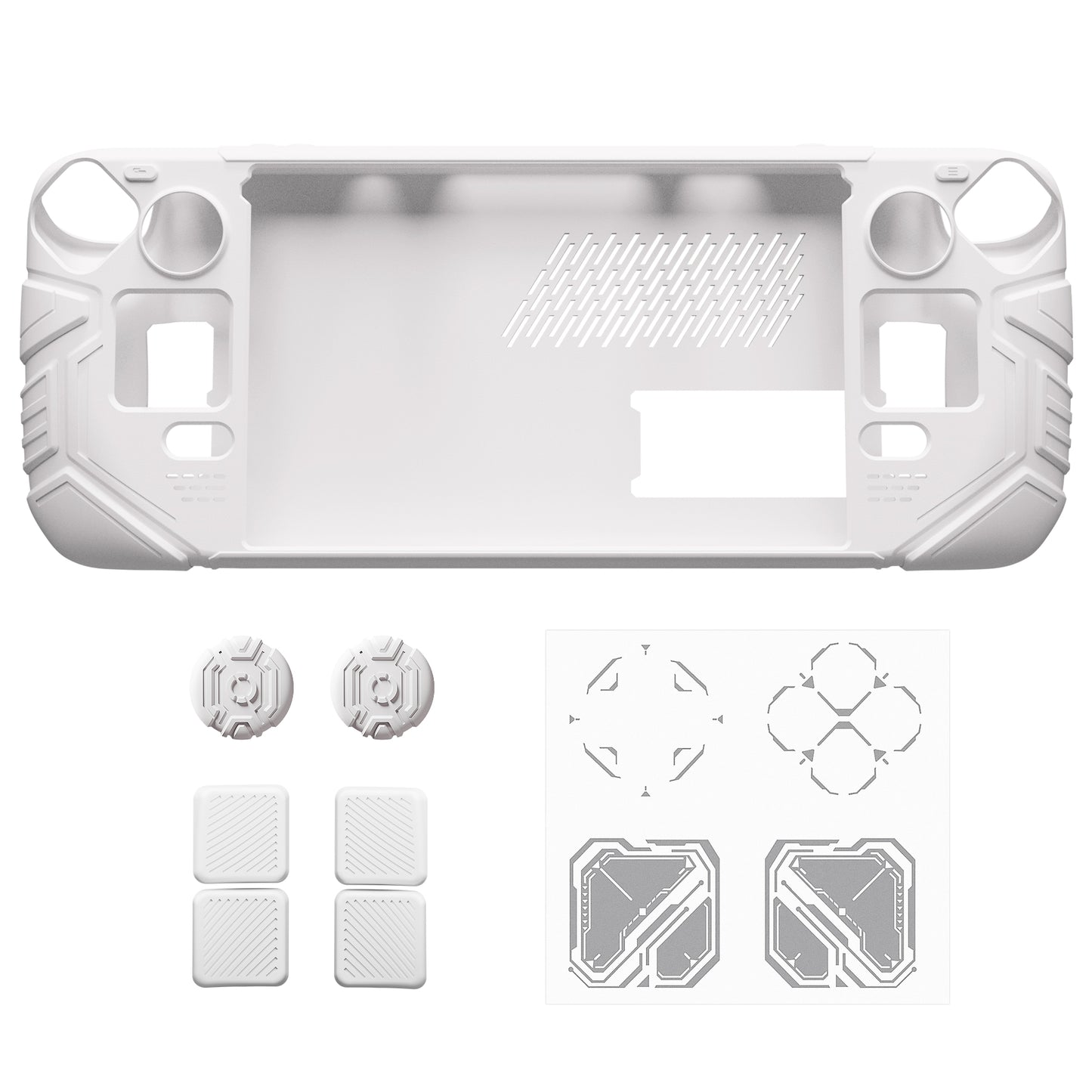 PlayVital Steam Deck OLED＆LCD 向け メカ風保護ケース バックボタン強化セット付 サムグリップ＆ステッカー付き【ホワイト】