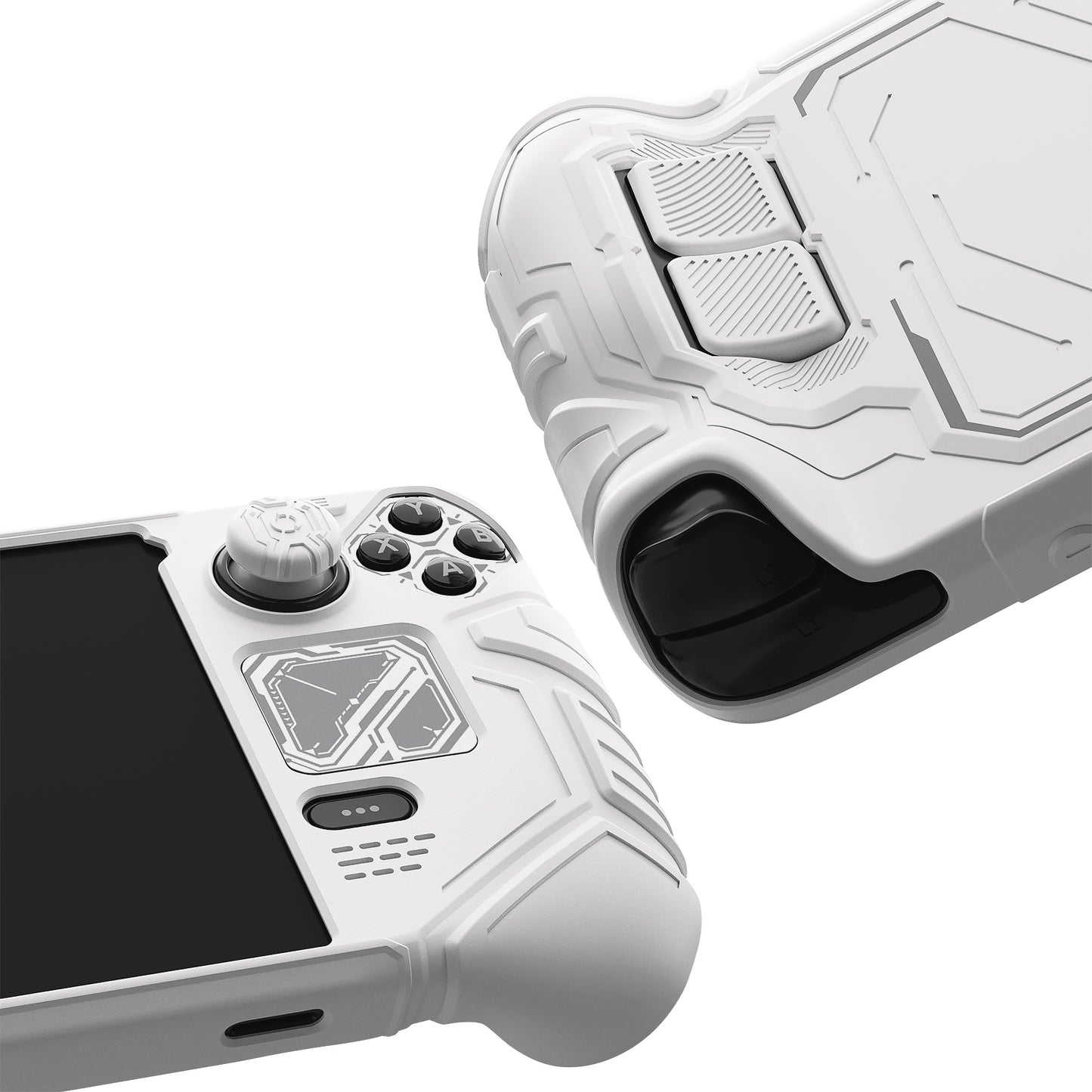PlayVital Steam Deck OLED＆LCD 向け メカ風保護ケース バックボタン強化セット付 サムグリップ＆ステッカー付き【ホワイト】