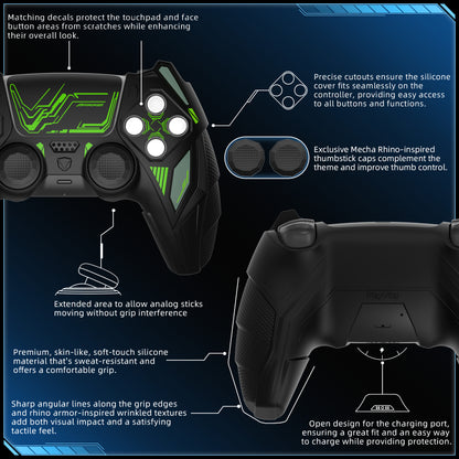 PlayVital メカライノ シリコンカバー PS5用（サムグリップ＆ステッカー付き）充電ドック対応【ブラック＆グリーン】