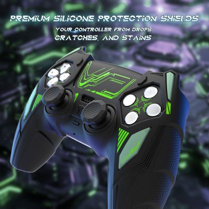 PlayVital メカライノ シリコンカバー PS5用（サムグリップ＆ステッカー付き）充電ドック対応【ブラック＆グリーン】