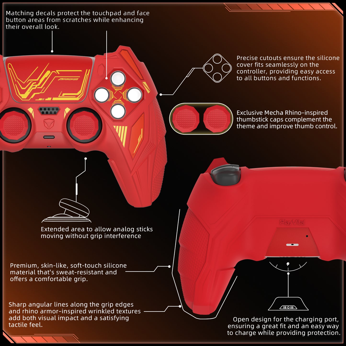 PlayVital メカライノ シリコンカバー PS5用（サムグリップ＆ステッカー付き）充電ドック対応【メープルレッド＆ブリックレッド】