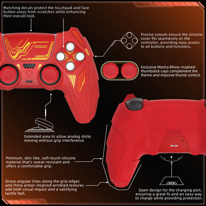 PlayVital メカライノ シリコンカバー PS5用（サムグリップ＆ステッカー付き）充電ドック対応【メープルレッド＆ブリックレッド】