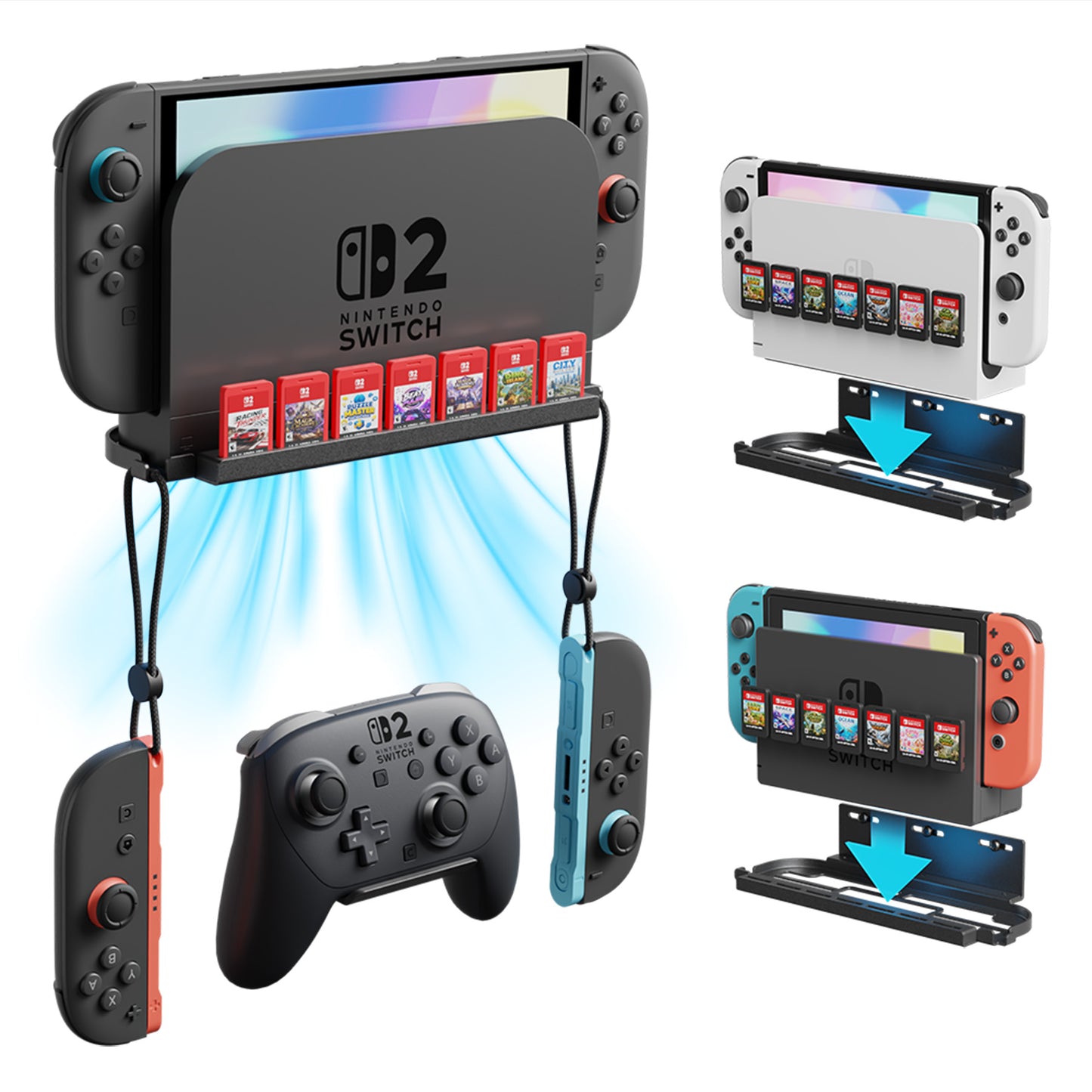 PlayVital メタル壁掛けスタンド 7枚のゲームカードスロット＆折りたたみ式コントローラーホルダー2個付き Nintendo Switch 2・Switch・Switch OLED用【ブラック】